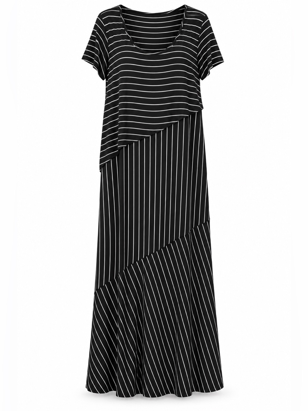 Nina Leonard 2X Black Ivory Pinstripe Maxi Dress Stretch Short Sleeve - Picture 3 of 4
